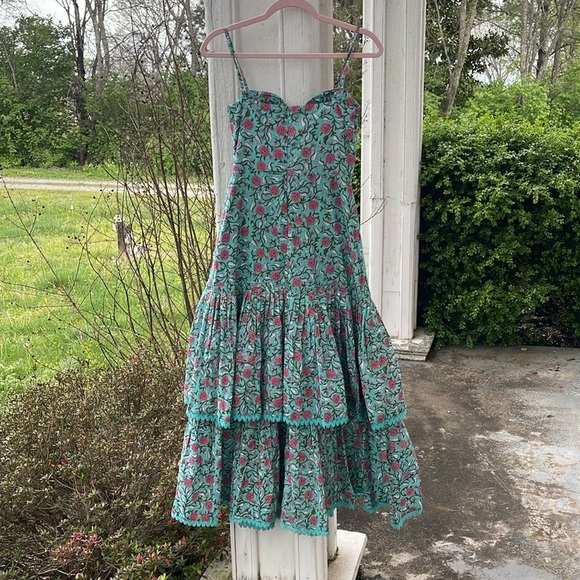 NWT 378 EDDY Helen Tiered Teal and Pink Floral Maxi Dress 100% Cotton Boho Luxe - Picture 7 of 10